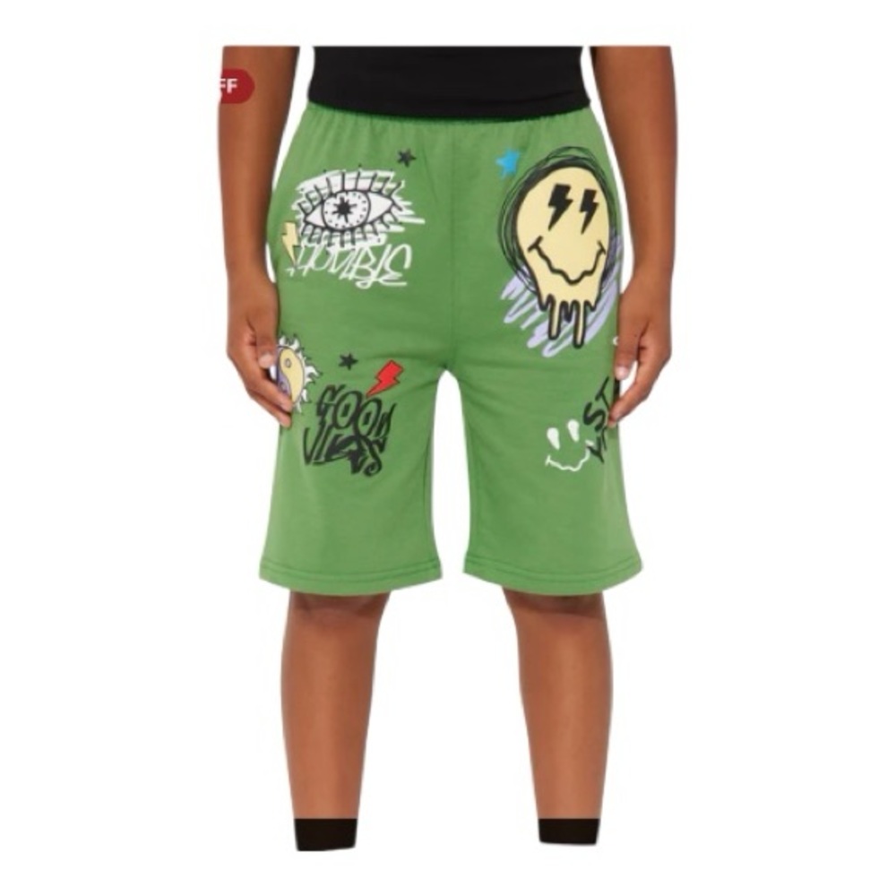 Size 4-5 Boys Drawstring Green With Smiley Face Graphic Shorts New With Tags